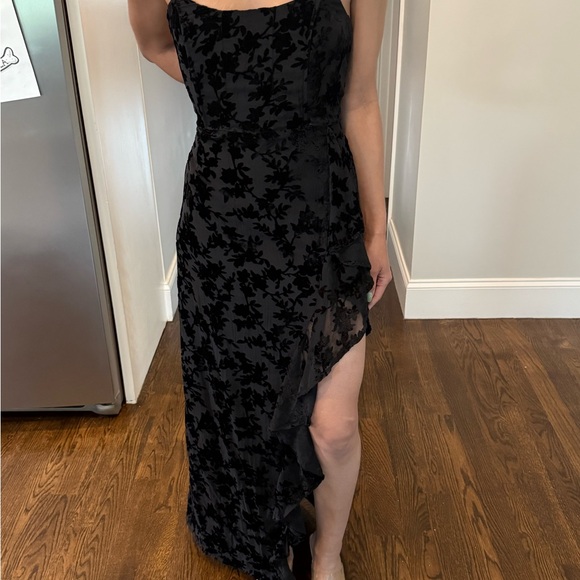 Showpo Black Strapless Velvet Burnout Dress – Elegant Wedding Guest Look - Picture 2 of 8